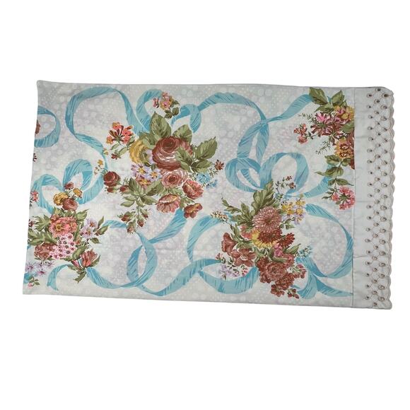 Vintage One Springmaid Standard Pillow Case Wondercale Floral Eyelet Ribbon - Picture 2 of 10